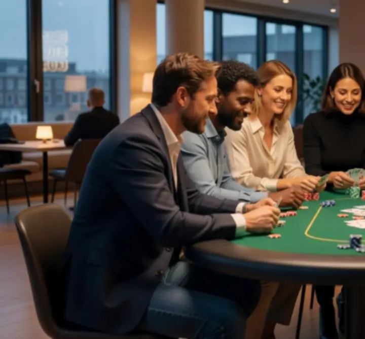Groep mensen rond een pokertafel tijdens een event bij 