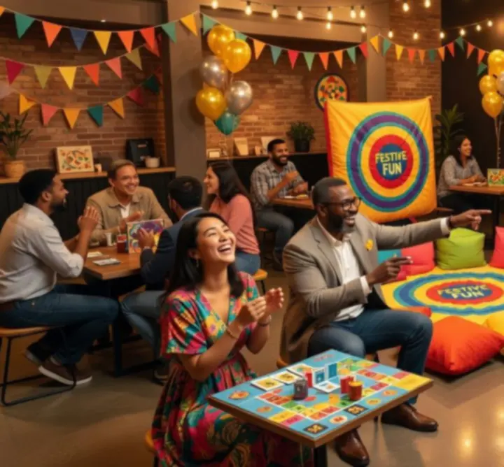 Feestelijke groep tijdens een viering met spellen bij 