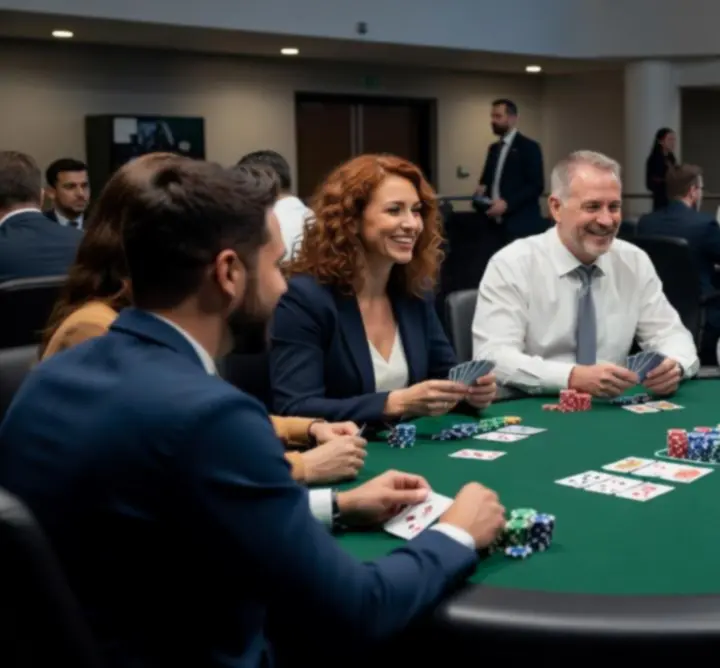 Groep mensen aan een pokertafel tijdens een evenement bij 