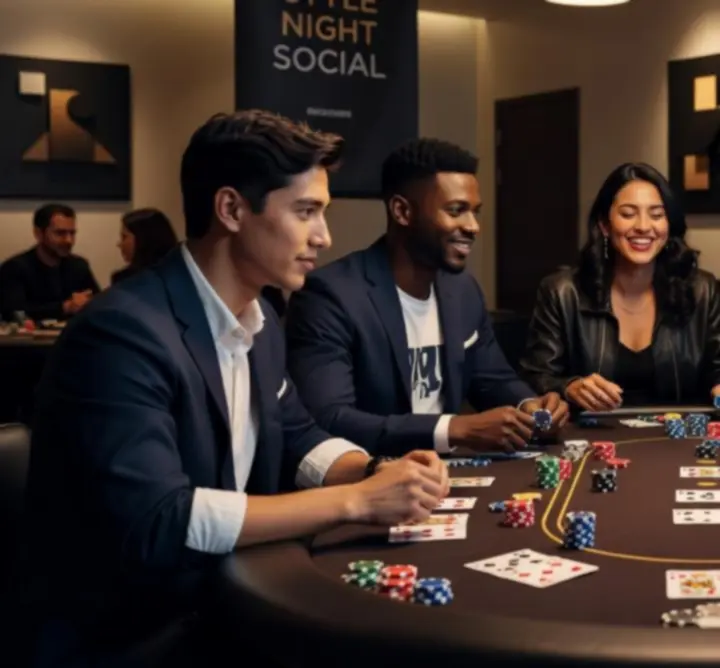 Groep vrienden rond een pokertafel tijdens een actieve spelavond bij 