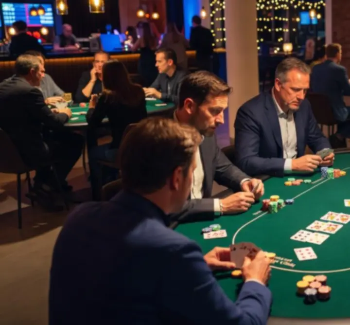 Spelers aan een professioneel verlichte pokertafel bij 