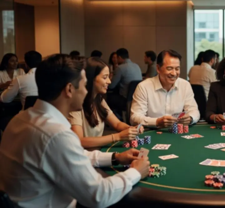 Groep mensen rondom een pokertafel in een moderne indoor setting