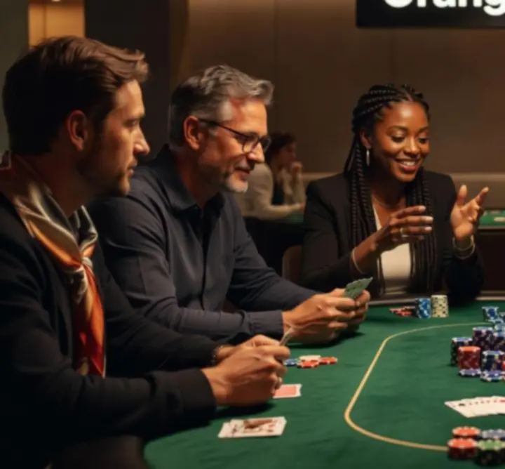Sfeervol verlichte pokertafels in de centrale arena van 