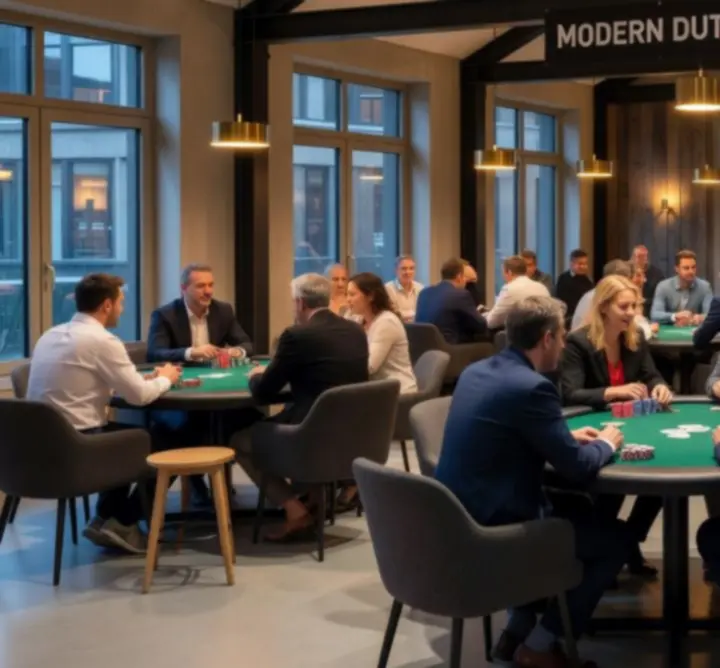 Centrale ruimte met pokertafels en speelhoeken waar groepen samenkomen