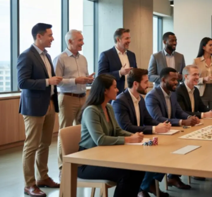Zakelijke groep collega’s tijdens een teambuilding event met spellen bij 